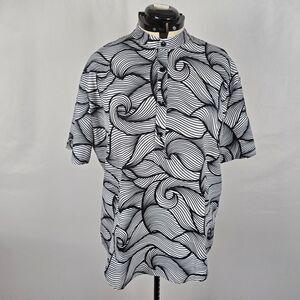 KingBega Blouse Women's L Gray Black White Swirls Short Sleeve 1/3 Button